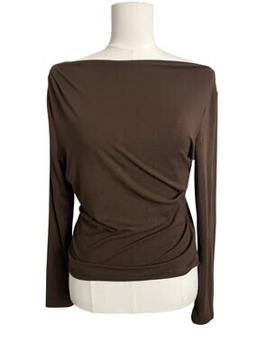 12th Tribe Shirt Womens XL Brown Boat Neck Ruched Jersey Top Stretch Long Sleeve